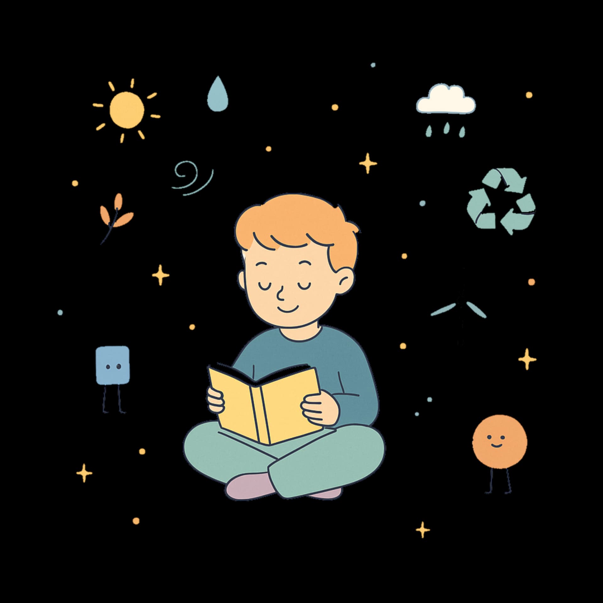 Child reading with climate icons